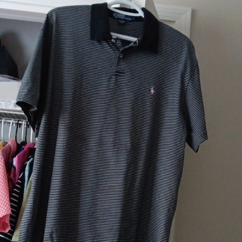 Polo Ralph Lauren Mens Pima Cotton Striped Polo Shirt Black White Pink Pony L